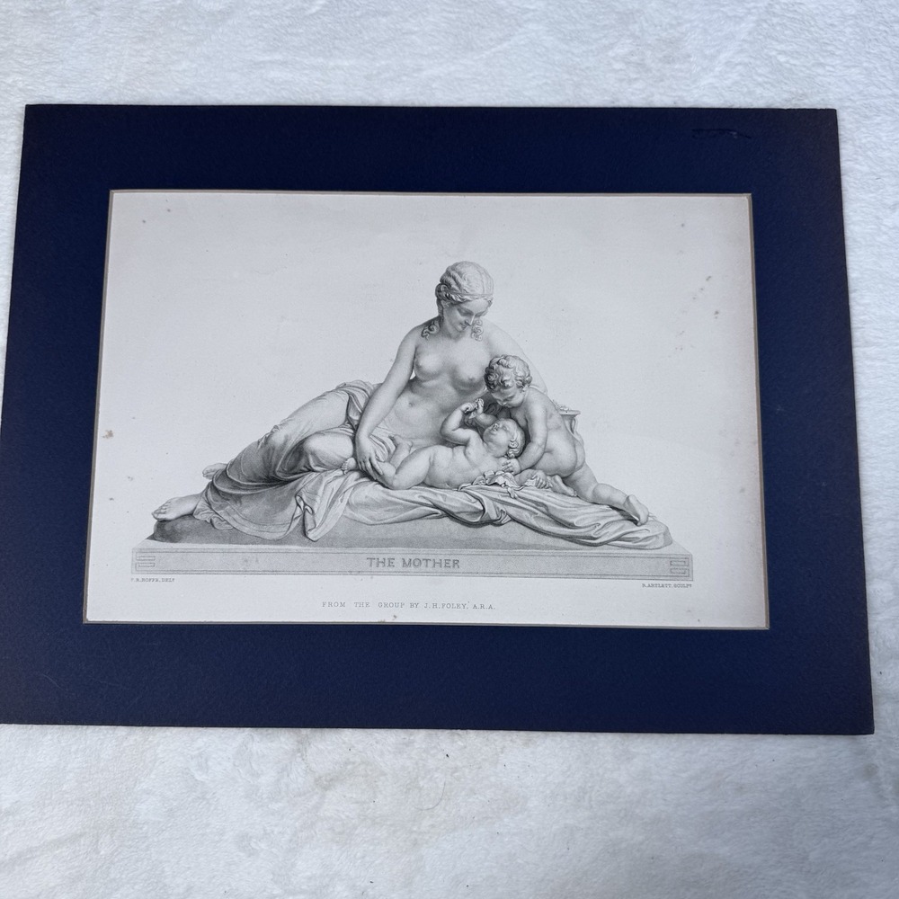 Antique Victorian Engraving Print "The Mother" J.H. Foley ARA Matted 16x11